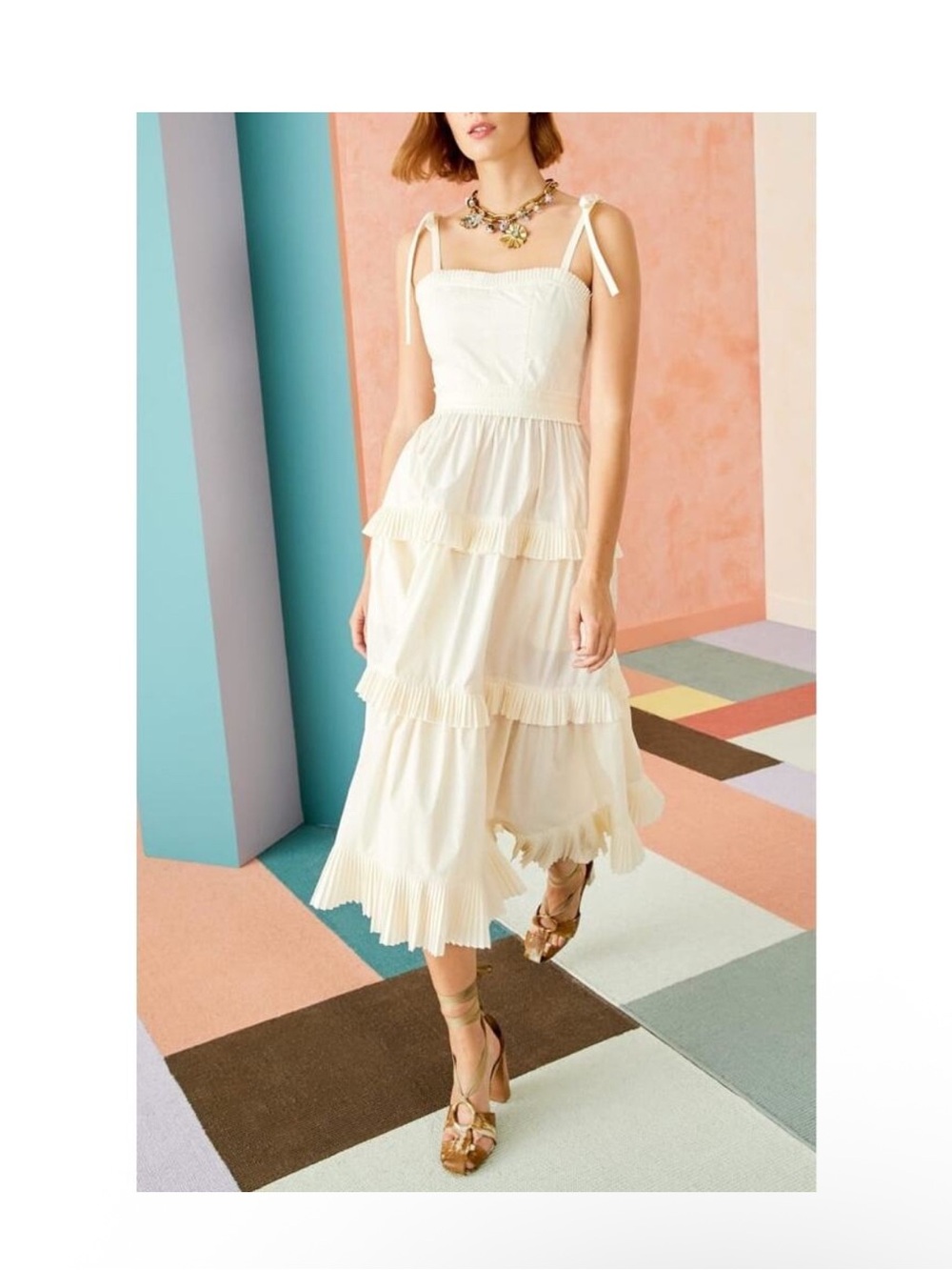 Ulla Johnson Cream Tie-Shoulder Tiered Midi Dress